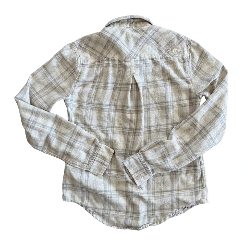 Marmot Womens XS Cream Gray Plaid Flannel Button Down Shirt Pockets Excellent - Picture 2 of 11